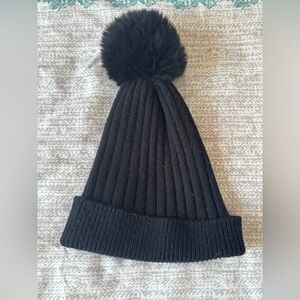 Black Ribbed Knit Pom Beanie for Kids - Faux Fur Pom